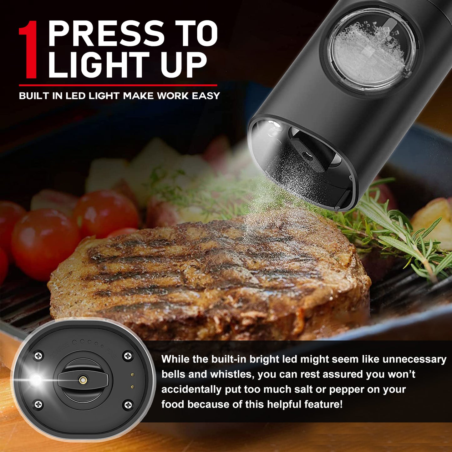 Electric Salt and Pepper Grinder Set of 2,automatic pepper mill,USB rechargeable,Adjustable Coarseness,One-handed operation,ceramic burr,refillable,Auto grinders with charging base LED light